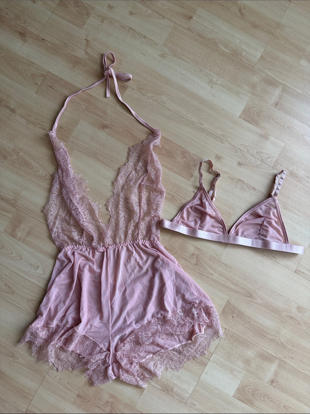 Delicate Lace Sheer Halter Romper & Triangle Bra Top Set - Blush Pink